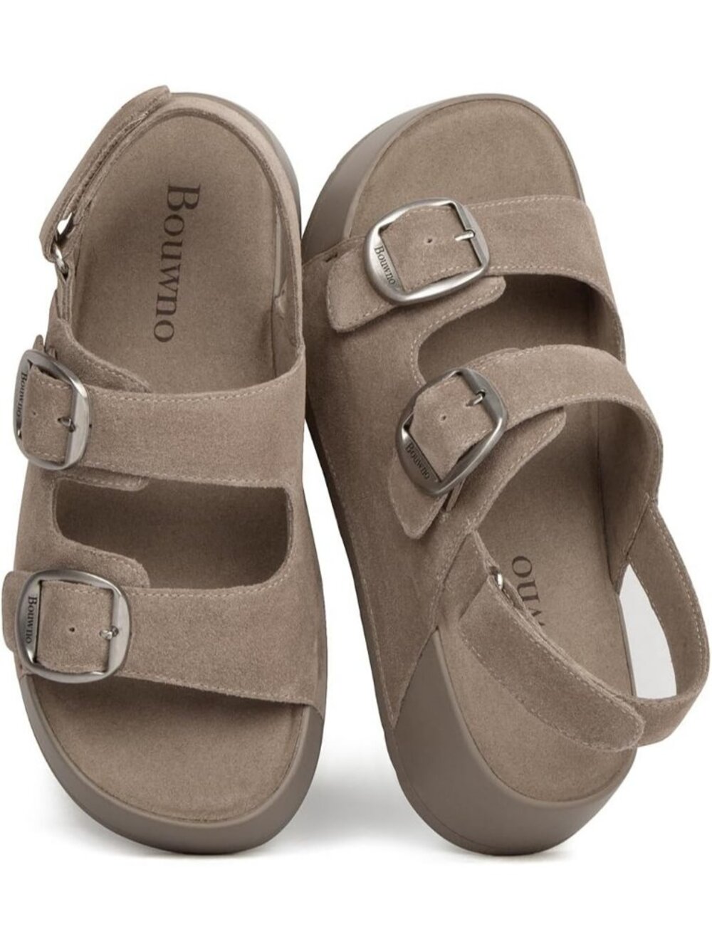 Women's Apricot Brown Genuine Leather Slip on Slide Buckle Platform Sandal Shoes